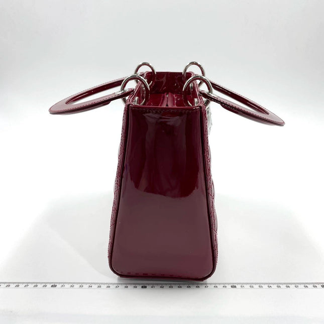 Sold Lady Dior 2017 Medium Burgundy Patent Leather Handbag Adjustable Strap