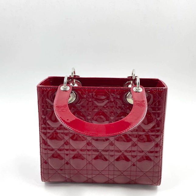 Sold Lady Dior 2017 Medium Burgundy Patent Leather Handbag Adjustable Strap