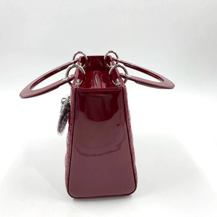 Sold Lady Dior 2017 Medium Burgundy Patent Leather Handbag Adjustable Strap