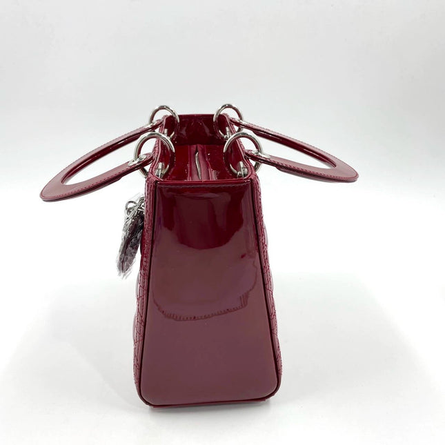 Sold Lady Dior 2017 Medium Burgundy Patent Leather Handbag Adjustable Strap