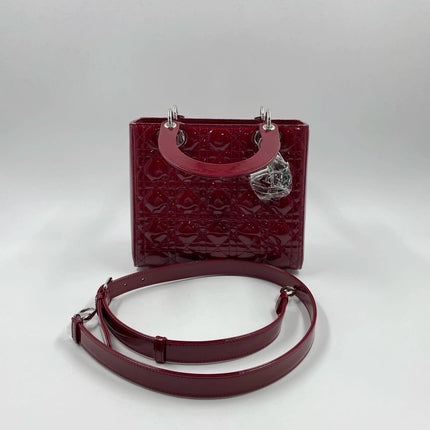 Sold Lady Dior 2017 Medium Burgundy Patent Leather Handbag Adjustable Strap