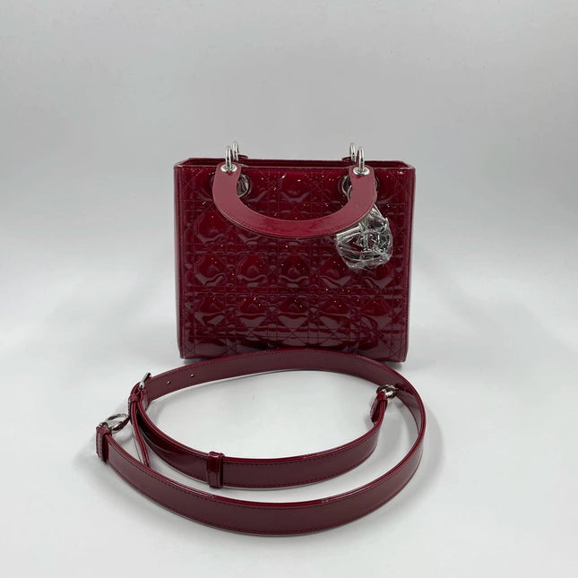 Sold Lady Dior 2017 Medium Burgundy Patent Leather Handbag Adjustable Strap