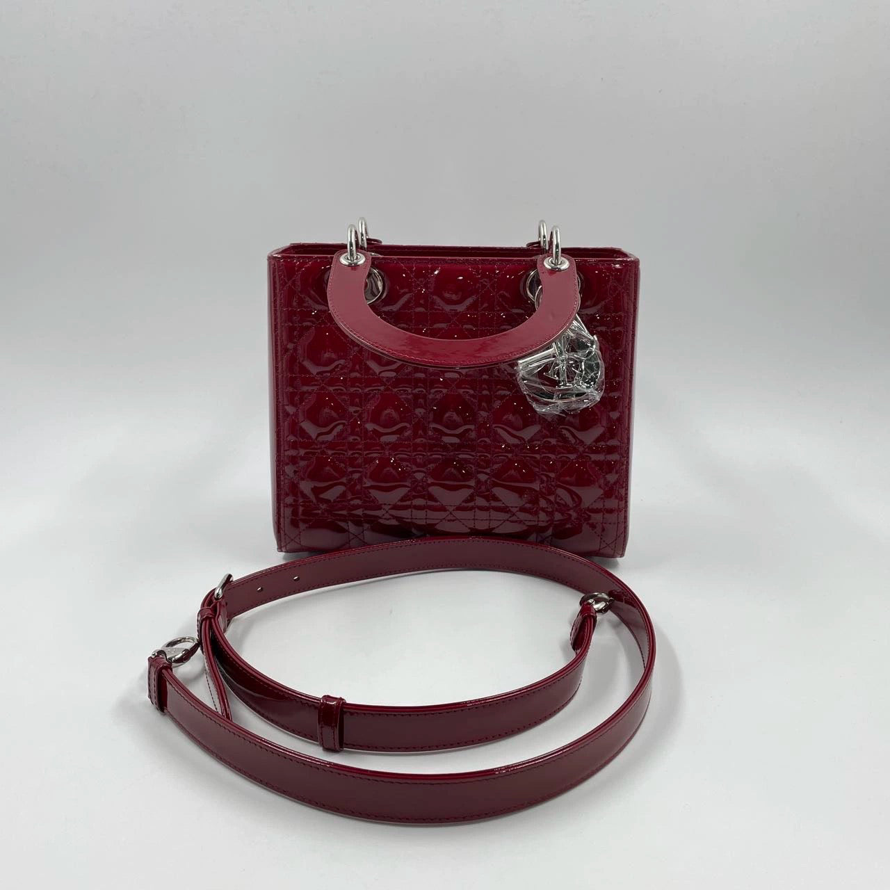 Lady Dior 2017 Medium Burgundy Patent Leather Handbag Adjustable Strap