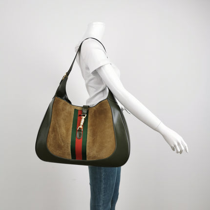 Gucci Jackie 1961 Large Green Leather and Suede Shoulder Bag with Long Strap