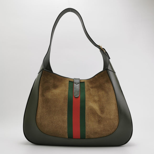 Gucci Jackie 1961 Large Green Leather and Suede Shoulder Bag with Long Strap