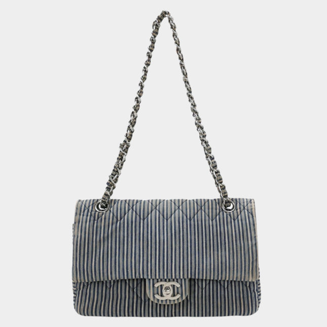 Chanel Classic Flap 2008 Medium Blue Canvas Stripes-Luxbags