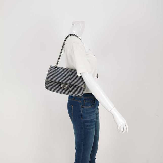 Sold Chanel Classic Flap 2008 Medium Blue Canvas Stripes