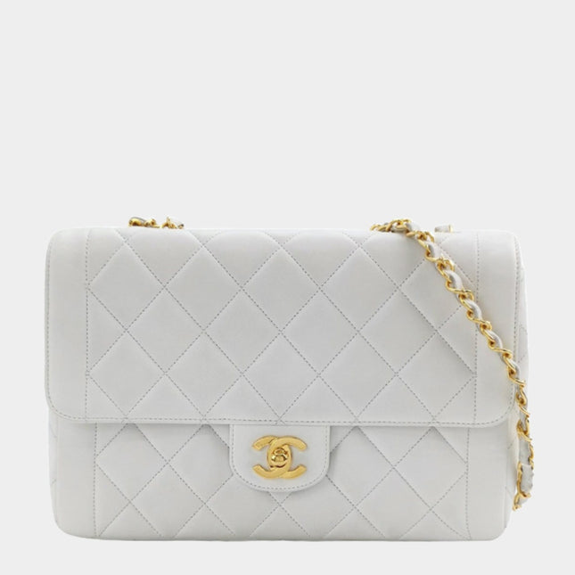 Chanel Classic Flap 1996 White Leather 24k Gold Plated Giant CC Logo-Luxbags