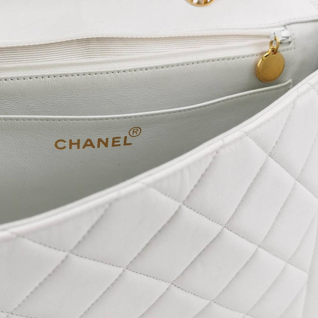 Sold Chanel Classic Flap 1996 White Leather 24k Gold Plated Giant CC Logo