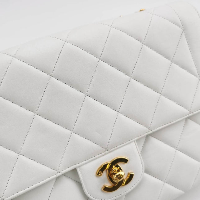 Sold Chanel Classic Flap 1996 White Leather 24k Gold Plated Giant CC Logo