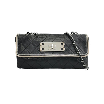 Chanel East West Mademoiselle Flap Bag 2008 Medium Black Leather Shoulder Bag-Luxbags
