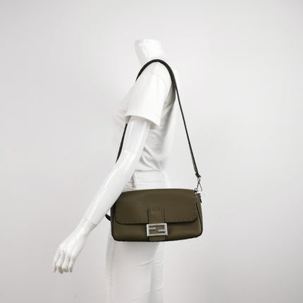 Fendi Baguette Selleria Medium Dark Green Calfskin Leather Crossbody Bag