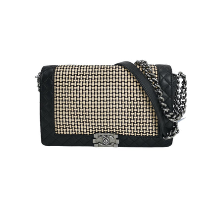 Chanel Le Boy 2014 Large Black Woven Reverso Calfskin Leather Flap Bag-Luxbags