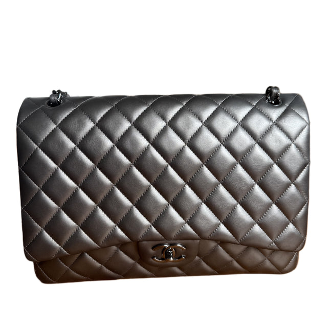Chanel Classic Flap Maxi Metallic Lambskin Leather Double Flap Sliver Hardware 2013-14-Luxbags