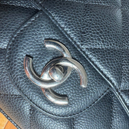 Chanel Classic Flap Maxi Black Caviar Leather Double Flap Sliver Hardware