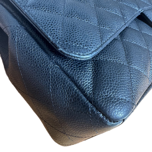 Chanel Classic Flap Maxi Black Caviar Leather Double Flap Sliver Hardware