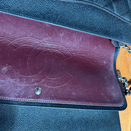 Chanel Classic Flap Maxi Black Caviar Leather Double Flap Sliver Hardware