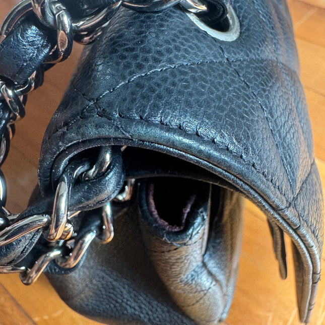 Chanel Classic Flap Maxi Black Caviar Leather Double Flap Sliver Hardware