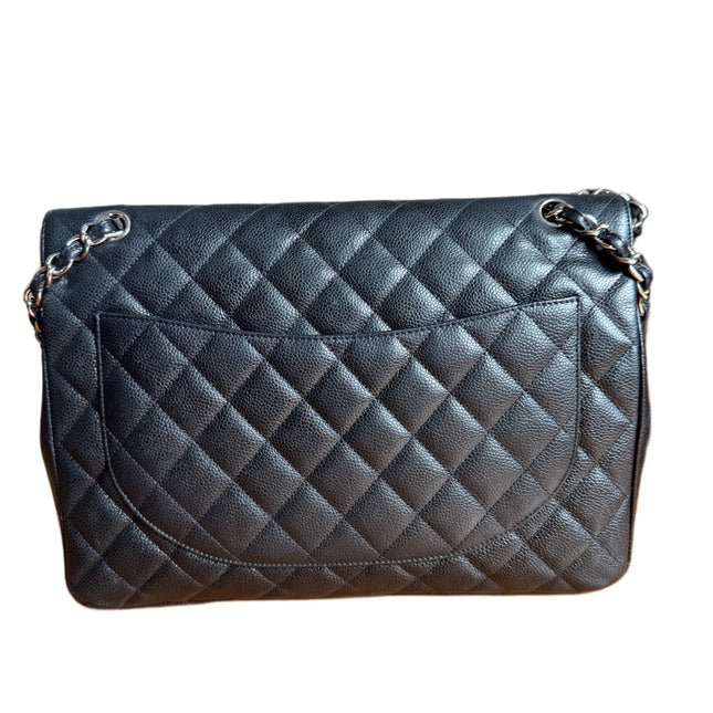 Chanel Classic Flap Maxi Black Caviar Leather Double Flap Sliver Hardware