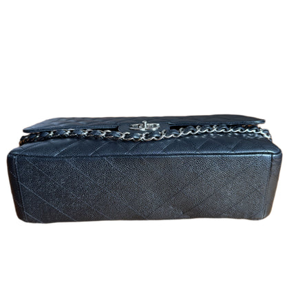 Chanel Classic Flap Maxi Black Caviar Leather Double Flap Sliver Hardware