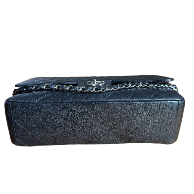 Chanel Classic Flap Maxi Black Caviar Leather Double Flap Sliver Hardware
