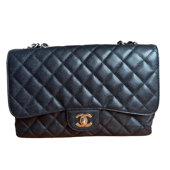 Chanel Classic Flap Jumbo Black Caviar Leather Single Flap Silver Hardware 2006-08-Luxbags
