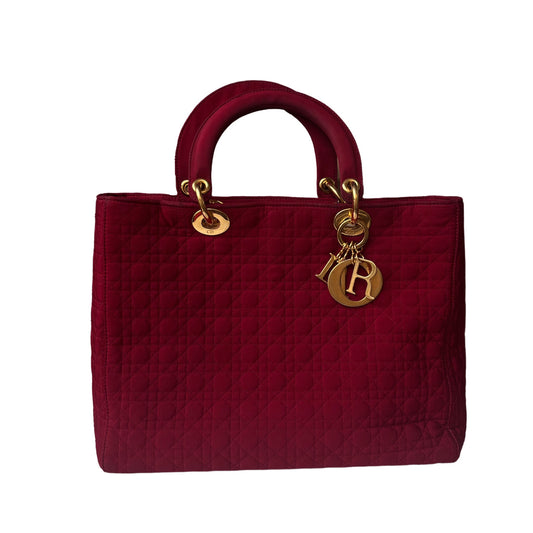 Lady Dior Vintage Large Burgundy Cloth with Yellow Gold-tone Hardware