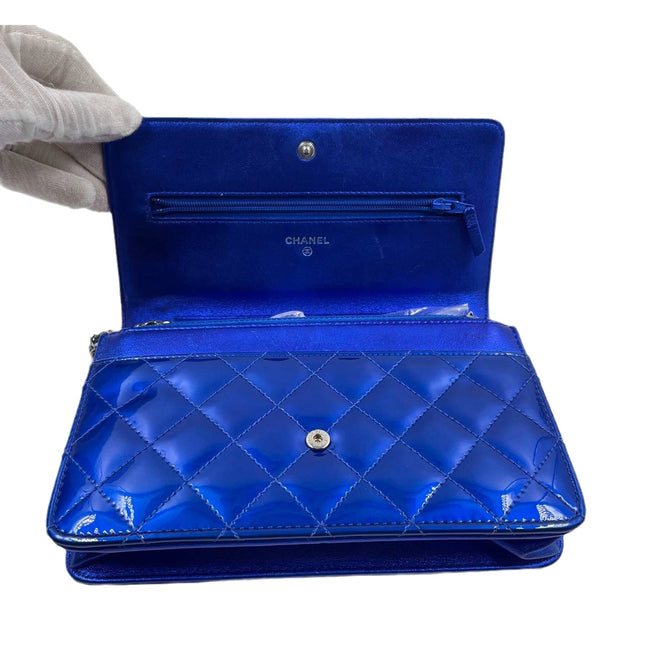 Sold Chanel Boy WOC Wallet on Chain Half Flap Blue Patent Leather