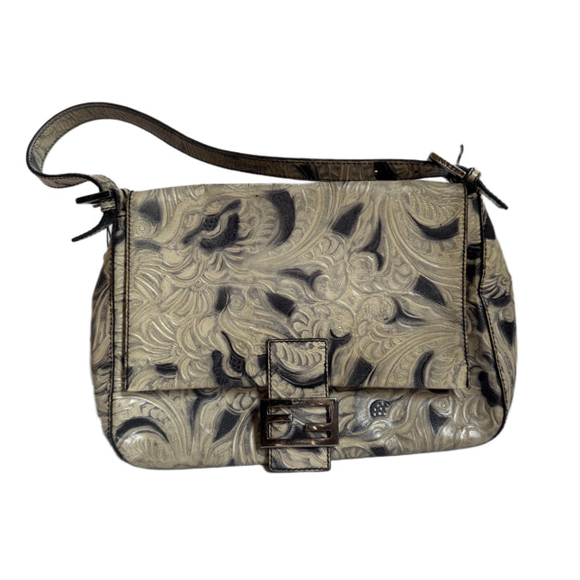 Fendi Mamma Baguette Blue White Flower Embossed Shoulder Bag-Luxbags