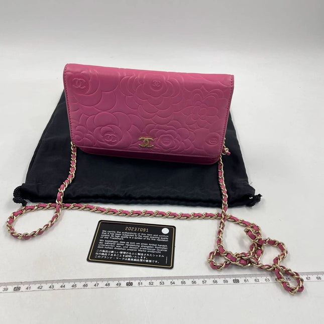 Sold Chanel Wallet On Chains WOC Classic Pink Camelia Flower Embossed
