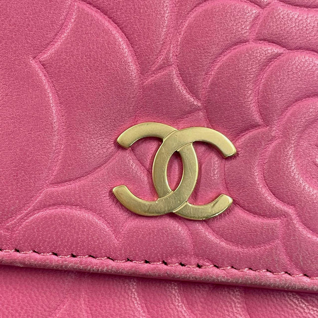 Sold Chanel Wallet On Chains WOC Classic Pink Camelia Flower Embossed