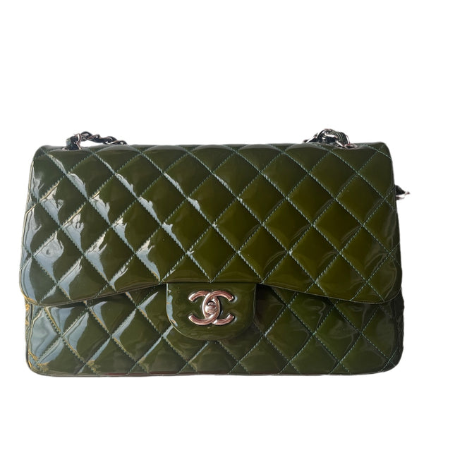Sold Chanel Classic Flap Jumbo Green Patent Leather Silver Hardware-Luxbags
