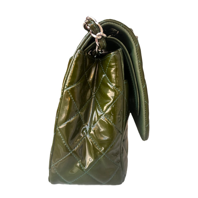 Chanel Classic Flap Jumbo Green Patent Leather Silver Hardware