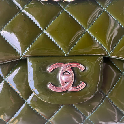 Chanel Classic Flap Jumbo Green Patent Leather Silver Hardware