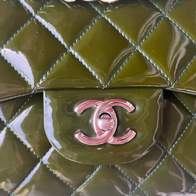 Chanel Classic Flap Jumbo Green Patent Leather Silver Hardware