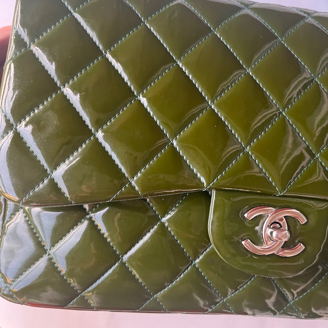 Chanel Classic Flap Jumbo Green Patent Leather Silver Hardware
