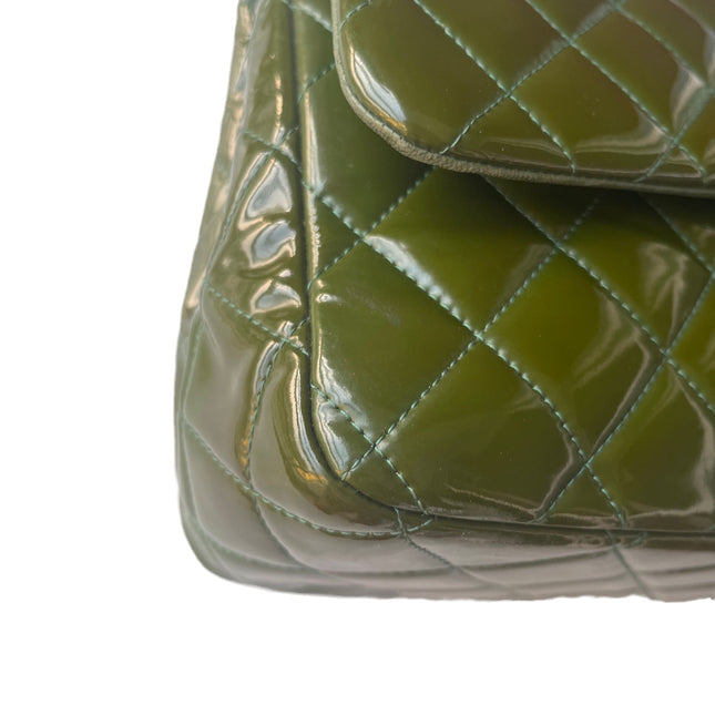 Chanel Classic Flap Jumbo Green Patent Leather Silver Hardware
