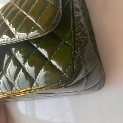 Chanel Classic Flap Jumbo Green Patent Leather Silver Hardware