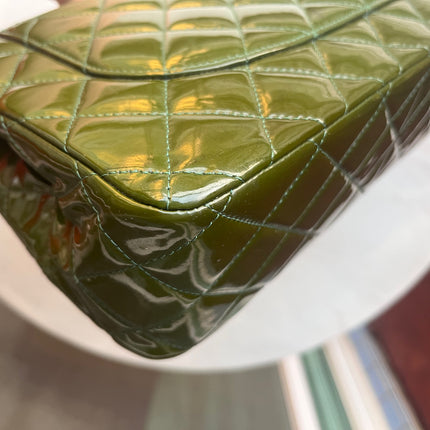 Chanel Classic Flap Jumbo Green Patent Leather Silver Hardware