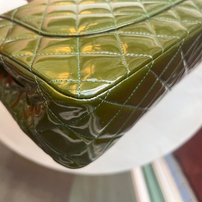 Chanel Classic Flap Jumbo Green Patent Leather Silver Hardware