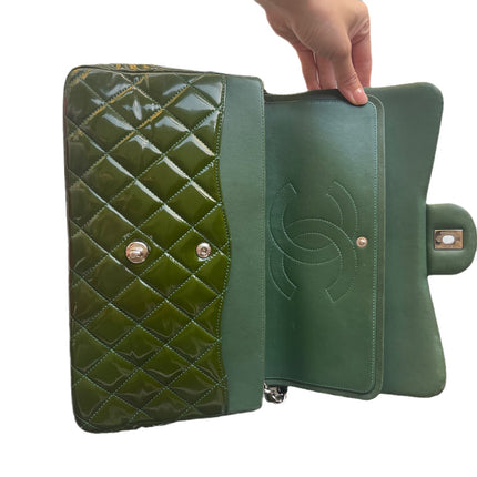 Chanel Classic Flap Jumbo Green Patent Leather Silver Hardware