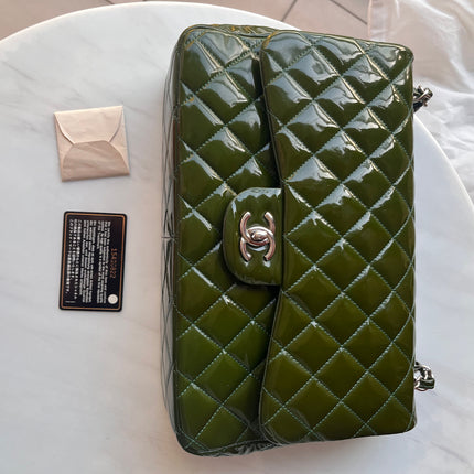 Chanel Classic Flap Jumbo Green Patent Leather Silver Hardware