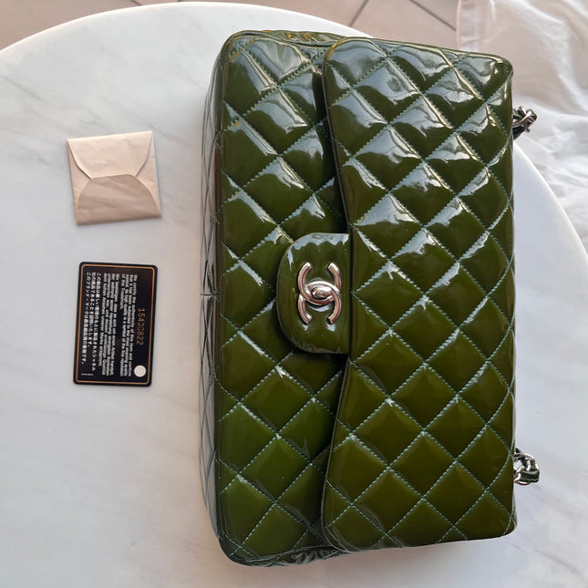 Chanel Classic Flap Jumbo Green Patent Leather Silver Hardware