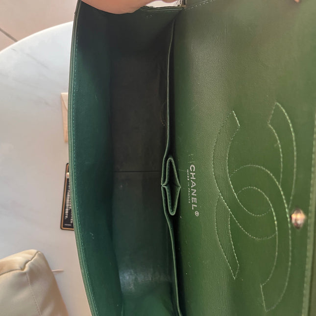 Chanel Classic Flap Jumbo Green Patent Leather Silver Hardware