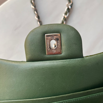 Chanel Classic Flap Jumbo Green Patent Leather Silver Hardware