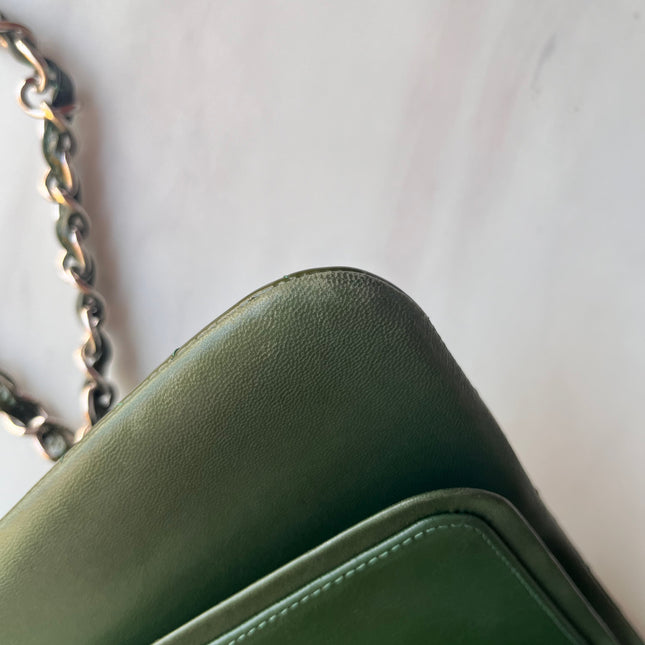 Chanel Classic Flap Jumbo Green Patent Leather Silver Hardware