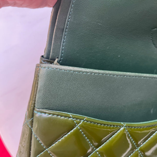 Chanel Classic Flap Jumbo Green Patent Leather Silver Hardware