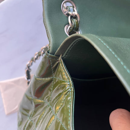 Chanel Classic Flap Jumbo Green Patent Leather Silver Hardware