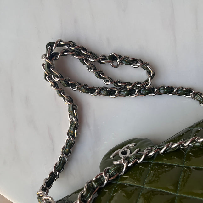 Chanel Classic Flap Jumbo Green Patent Leather Silver Hardware
