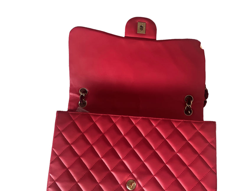 Chanel Classic Flap 2009 Large Red Leather Gold Hardware Velvet Chain Matelasse Strap